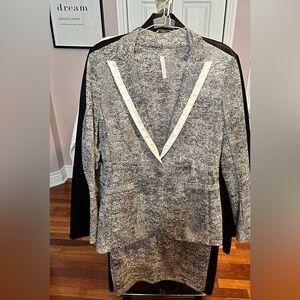 Elegant Women's Black and Faux Leather Trim Blazer and Dress set